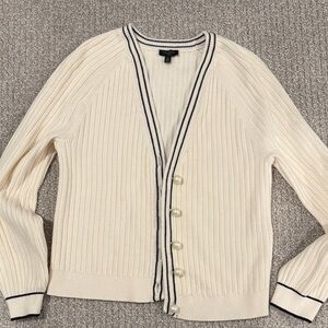 Talbots Cream Ribbed Cardigan with Navy Trim